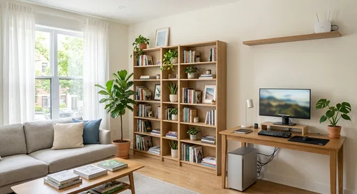 A clean, organized modern living room with a wired computer setup and a Wi-Fi router placed away from the main seating area, symbolizing a low-EMF home environm