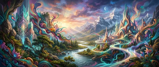 Surreal AI generated landscape combining photorealistic and painterly visual styles with vibrant colors and dramatic lighting