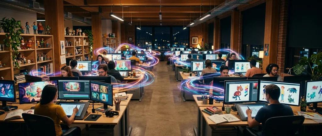Animation studio workspace with glowing screens showing colorful cartoon characters and abstract AI-generated light patterns
