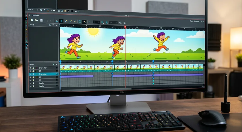 Digital animation timeline showing keyframes and AI-generated in-between frames with colorful cartoon character poses