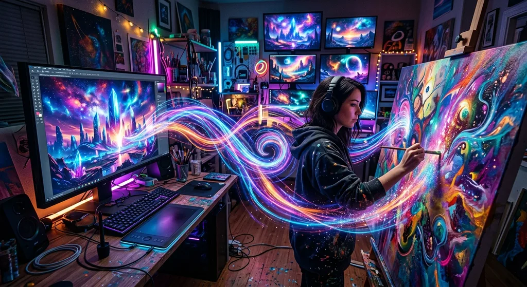 A futuristic digital art studio with glowing monitors displaying colorful AI-generated landscapes and abstract light patterns