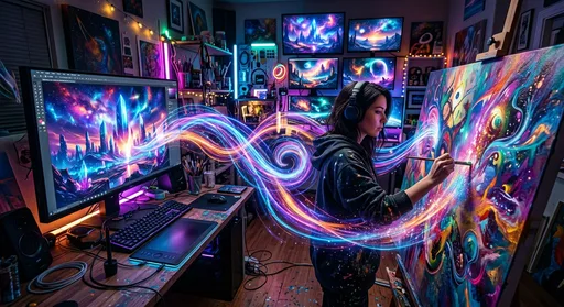 A futuristic digital art studio with glowing monitors displaying colorful AI-generated landscapes and abstract light patterns